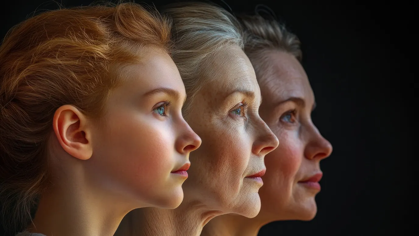 Die Profile von drei Frauen unterschiedlichen Alters, überlagert vor dunklem Hintergrund