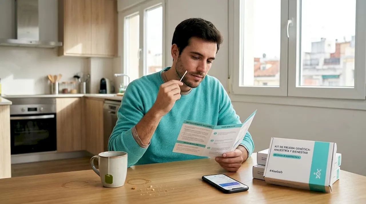 Hombre alistando un kit casero para prueba genética