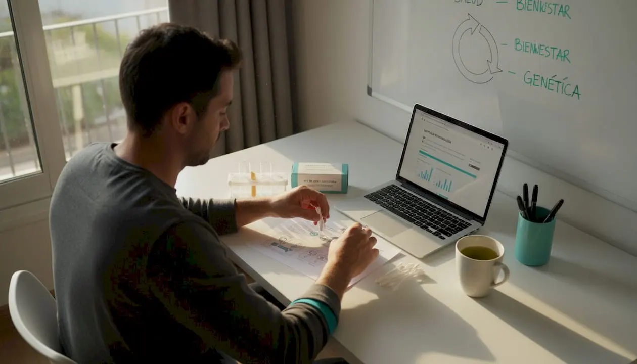 Un hombre prepara y organiza todo lo necesario para realizarse un test genético y seguir una dieta personalizada.