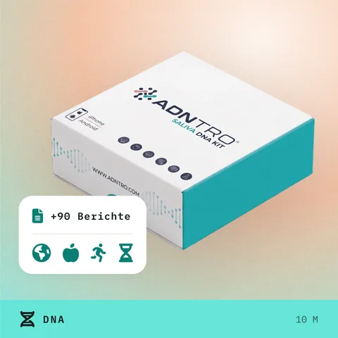 Box des ADNTRO-Speichel-Kits, Kit Basic: Herkunft, Ernährung, Fitness und Langlebigkeit