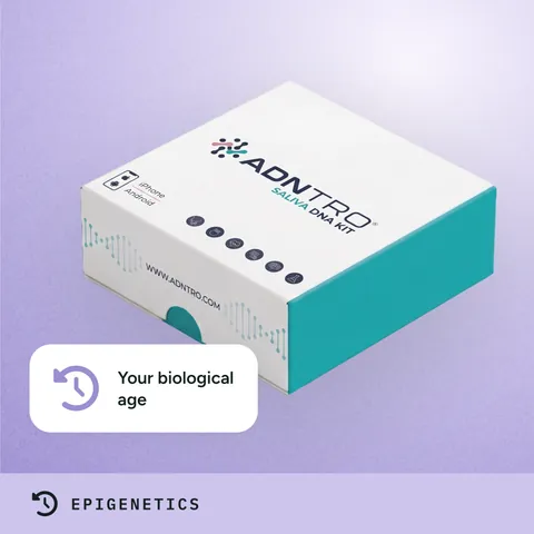 ADNTRO saliva kit for the epigenetic test, with the label “Your biological age”