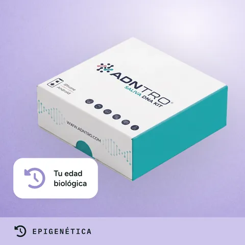 Kit de saliva de ADNTRO para el test epigenético, con la etiqueta «Tu edad biológica»