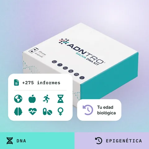 Kit de saliva de ADNTRO con las etiquetas «+275 informes», con sus ocho áreas, y «Tu edad biológica»