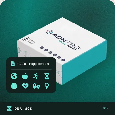 Doos van ADNTRO op inktkleurige achtergrond voor de sequencing van het volledige genoom op 30x