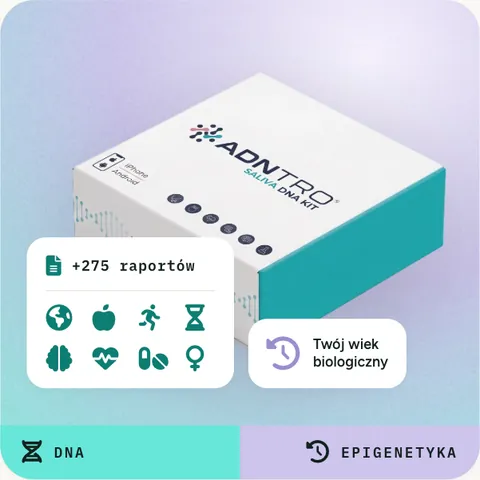 Pudełko zestawu ADNTRO ze śliny z analizą epigenetyczną wieku biologicznego dołączoną do zestawu Premium