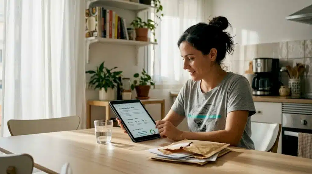 Una mujer analiza los resultados de su prueba genética sentada en la mesa de la cocina.