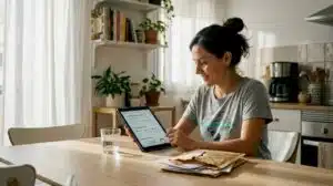 Una mujer analiza los resultados de su prueba genética sentada en la mesa de la cocina.