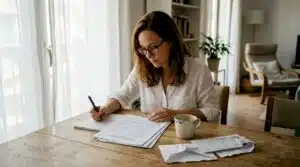 Una mujer analiza los resultados de una prueba genética sentada en el comedor de su casa.