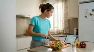 A woman prepares a healthy meal on her kitchen counter, taking care of every detail to maintain a balanced diet.