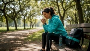 Athlete checking the statistics on his smartwatch after finishing a run in the park.