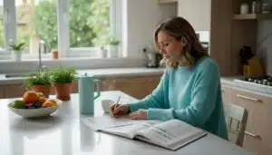Una mujer analiza los resultados de su estudio de nutrigenética mientras está en la cocina de su casa.